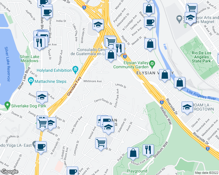 map of restaurants, bars, coffee shops, grocery stores, and more near 2459 Echo Park Avenue in Los Angeles