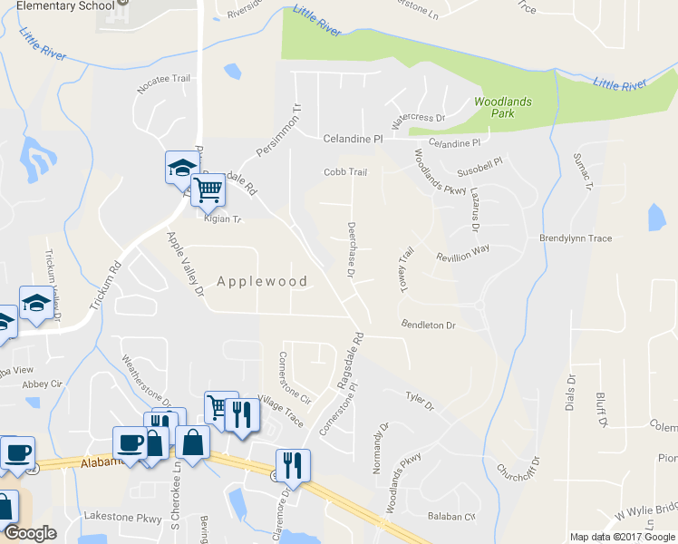 map of restaurants, bars, coffee shops, grocery stores, and more near 213 Deerchase Drive in Woodstock