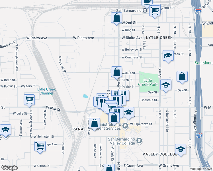 map of restaurants, bars, coffee shops, grocery stores, and more near 1342 Poplar Street in San Bernardino