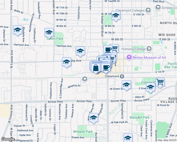 map of restaurants, bars, coffee shops, grocery stores, and more near 616 McKenna Street in Claremont