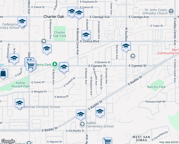 map of restaurants, bars, coffee shops, grocery stores, and more near 848 North Reeder Avenue in Covina