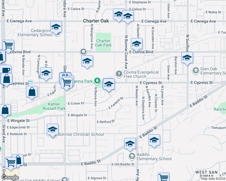 map of restaurants, bars, coffee shops, grocery stores, and more near 834 North Darfield Avenue in Covina