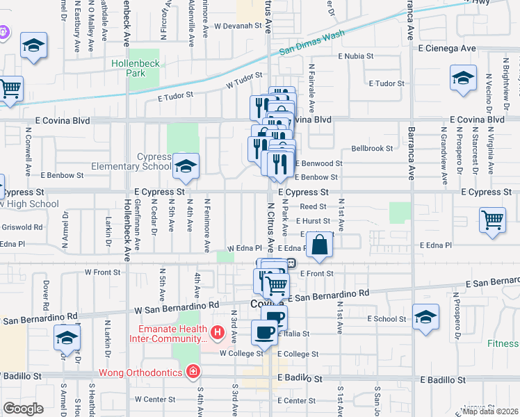 map of restaurants, bars, coffee shops, grocery stores, and more near 844 North Viceroy Avenue in Covina