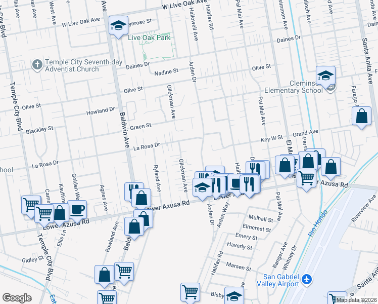 map of restaurants, bars, coffee shops, grocery stores, and more near 5017 Arden Drive in Temple City