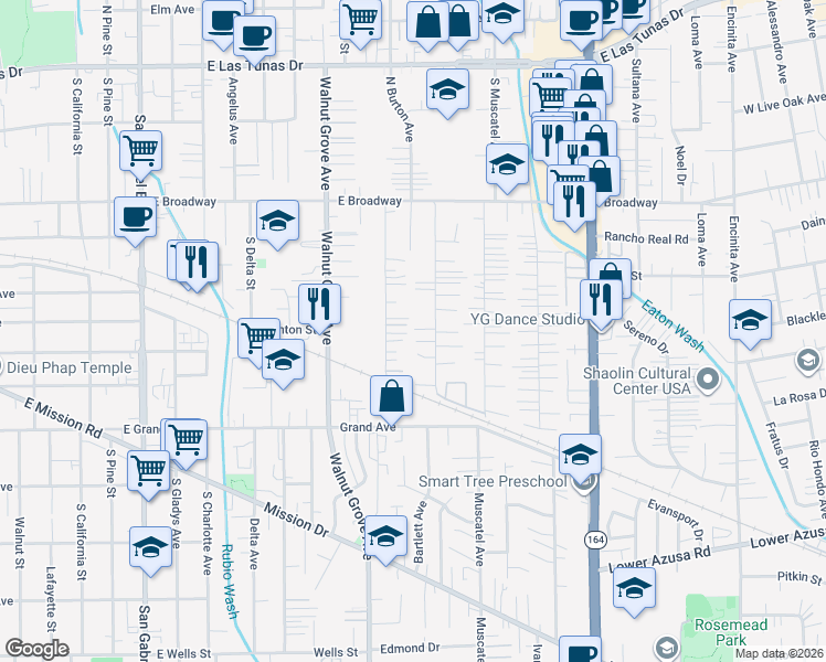 map of restaurants, bars, coffee shops, grocery stores, and more near 5123 Bartlett Avenue in San Gabriel