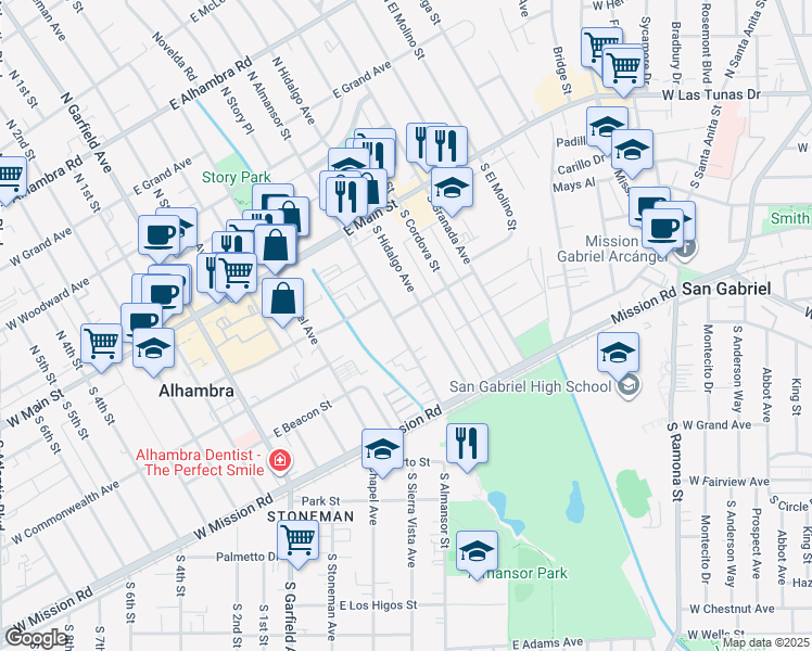 map of restaurants, bars, coffee shops, grocery stores, and more near 305 South Almansor Street in Alhambra