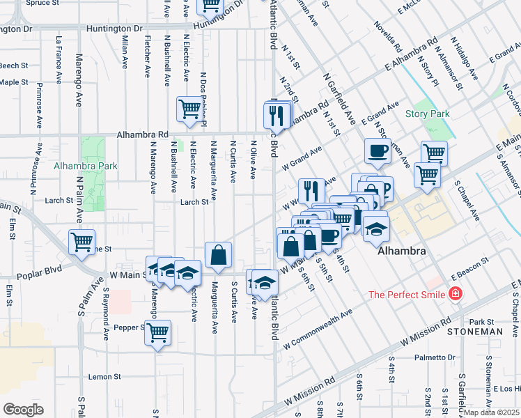 map of restaurants, bars, coffee shops, grocery stores, and more near 220 North Olive Avenue in Alhambra