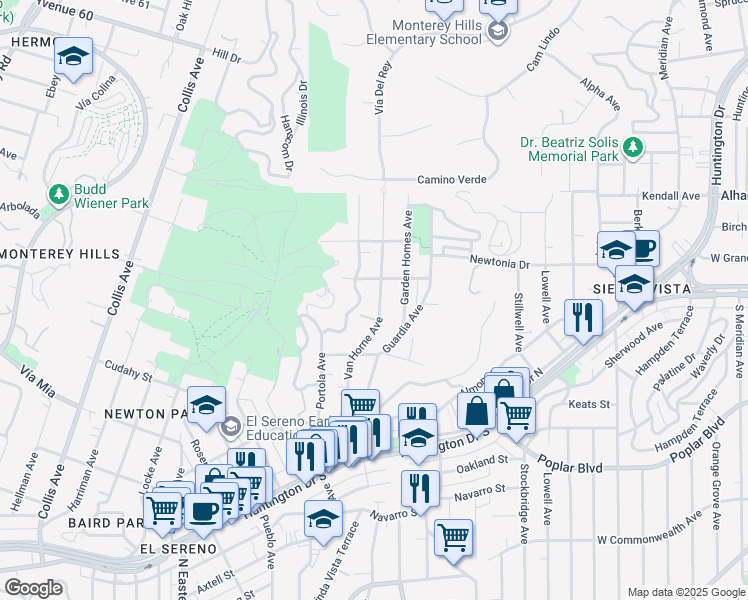 map of restaurants, bars, coffee shops, grocery stores, and more near 4231 Van Horne Avenue in Los Angeles