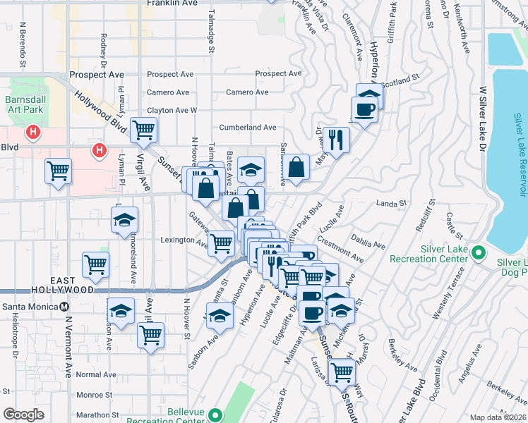 map of restaurants, bars, coffee shops, grocery stores, and more near 1218 Manzanita Street in Los Angeles
