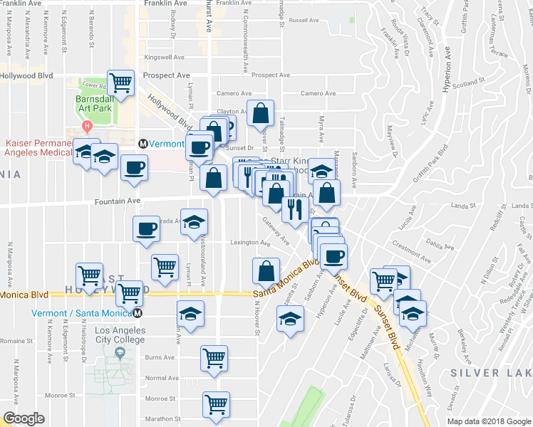 map of restaurants, bars, coffee shops, grocery stores, and more near 4335 Gateway Avenue in Los Angeles