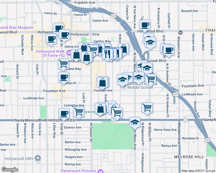 map of restaurants, bars, coffee shops, grocery stores, and more near 1316 1/2 Gordon Street in Los Angeles