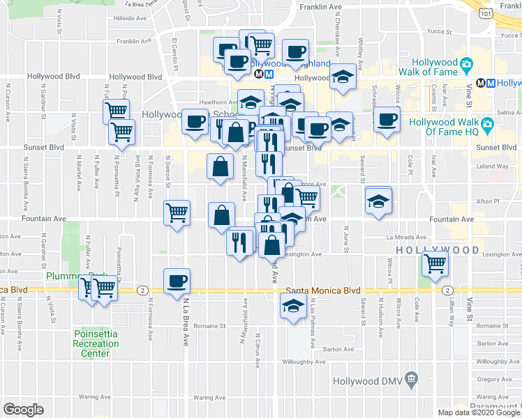 map of restaurants, bars, coffee shops, grocery stores, and more near 1322 North Citrus Avenue in Los Angeles