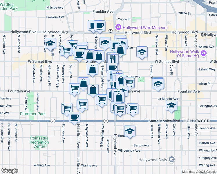 map of restaurants, bars, coffee shops, grocery stores, and more near 1322 North Citrus Avenue in Los Angeles