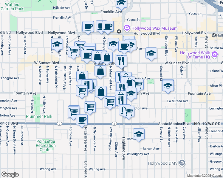 map of restaurants, bars, coffee shops, grocery stores, and more near 1317 North Mansfield Avenue in Los Angeles