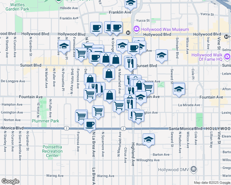 map of restaurants, bars, coffee shops, grocery stores, and more near 1317 North Mansfield Avenue in Los Angeles