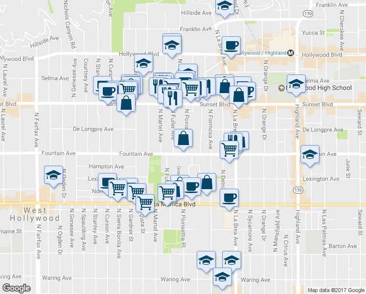 map of restaurants, bars, coffee shops, grocery stores, and more near 1321 North Poinsettia Place in Los Angeles