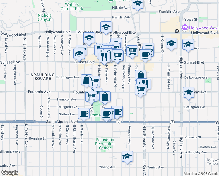 map of restaurants, bars, coffee shops, grocery stores, and more near 1321 North Poinsettia Place in Los Angeles