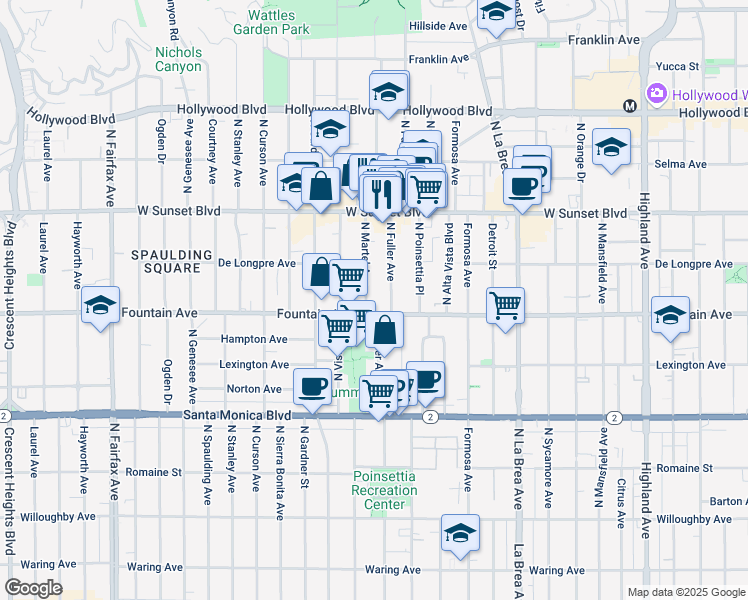 map of restaurants, bars, coffee shops, grocery stores, and more near 1323 North Fuller Avenue in Los Angeles