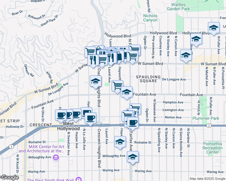 map of restaurants, bars, coffee shops, grocery stores, and more near 1331 North Hayworth Avenue in West Hollywood