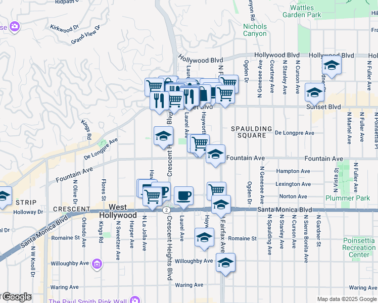 map of restaurants, bars, coffee shops, grocery stores, and more near 1321 North Laurel Avenue in West Hollywood