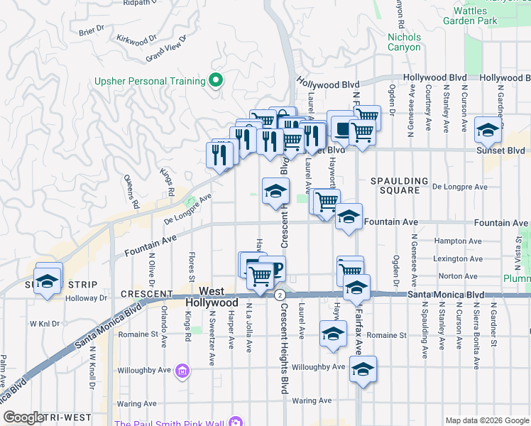 map of restaurants, bars, coffee shops, grocery stores, and more near 1305 North Crescent Heights Boulevard in West Hollywood