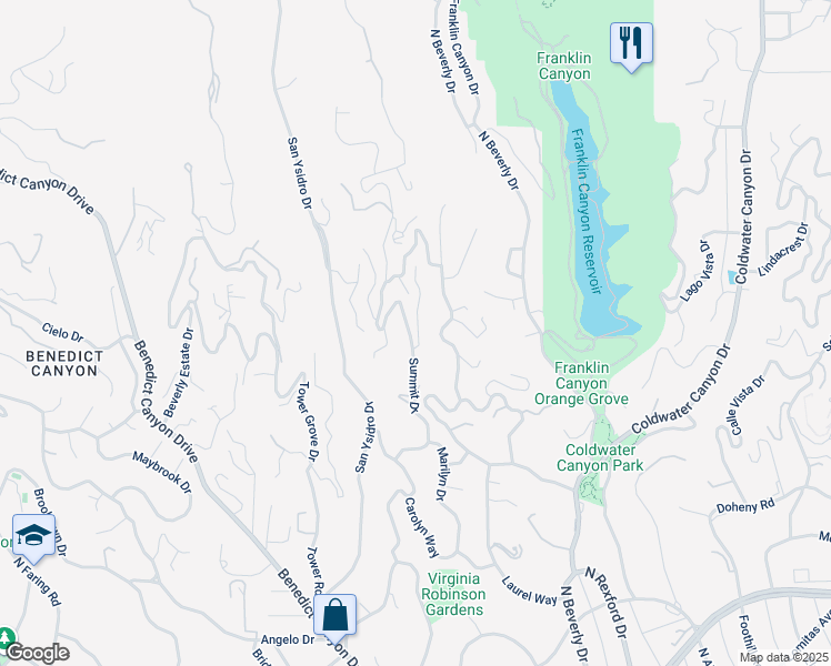 map of restaurants, bars, coffee shops, grocery stores, and more near 1306 Summitridge Drive in Beverly Hills