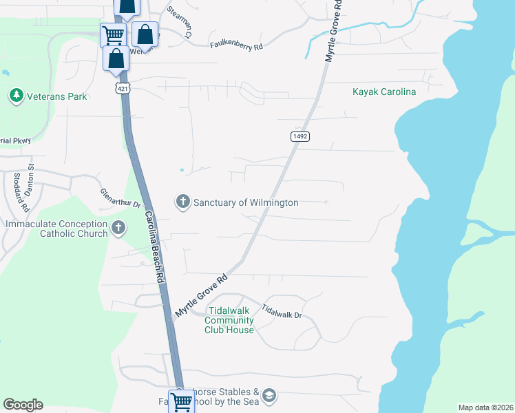 map of restaurants, bars, coffee shops, grocery stores, and more near 7462-7512 Myrtle Grove Road in Wilmington