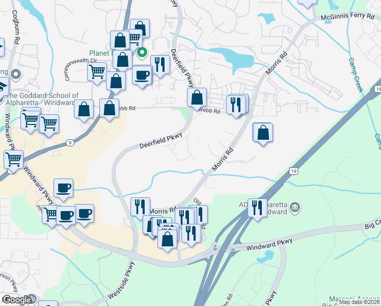 map of restaurants, bars, coffee shops, grocery stores, and more near 12793 Doe Drive in Alpharetta
