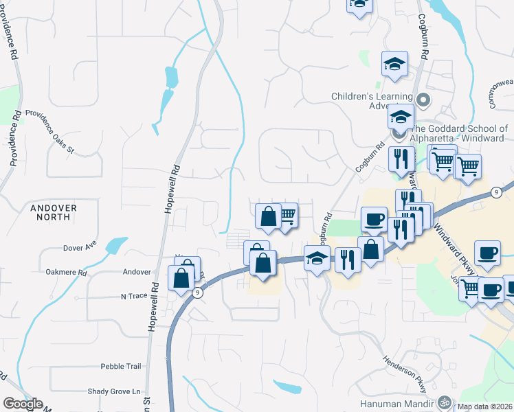 map of restaurants, bars, coffee shops, grocery stores, and more near 2365 Lunetta Lane in Alpharetta