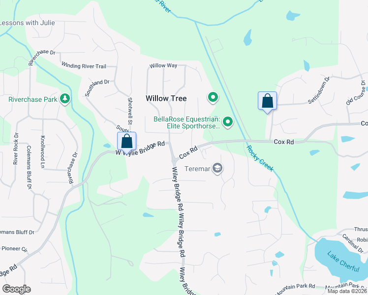 map of restaurants, bars, coffee shops, grocery stores, and more near 2777 Cox Road in Woodstock