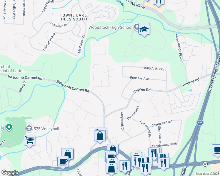 map of restaurants, bars, coffee shops, grocery stores, and more near 204 Hearthstone Creek in Woodstock