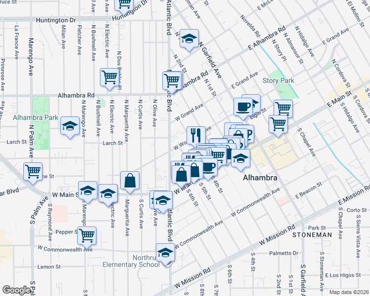 map of restaurants, bars, coffee shops, grocery stores, and more near 200 North 5th Street in Alhambra