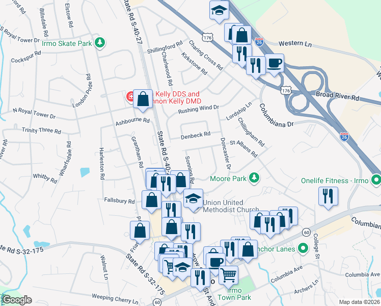 map of restaurants, bars, coffee shops, grocery stores, and more near 100 Sonning Road in Irmo