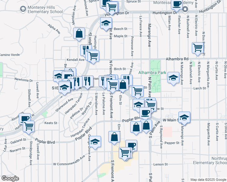map of restaurants, bars, coffee shops, grocery stores, and more near in Alhambra