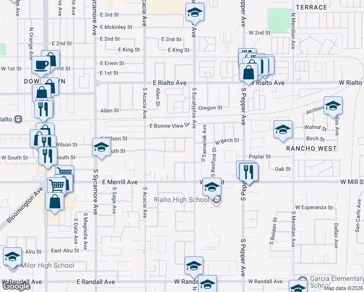 map of restaurants, bars, coffee shops, grocery stores, and more near 358 South Pampas Avenue in Rialto