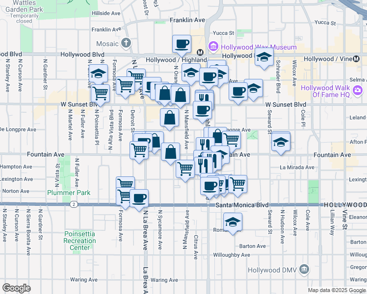 map of restaurants, bars, coffee shops, grocery stores, and more near 1317 North Mansfield Avenue in Los Angeles