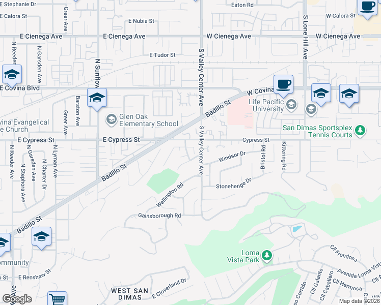 map of restaurants, bars, coffee shops, grocery stores, and more near 1515 Greenwich Road in San Dimas