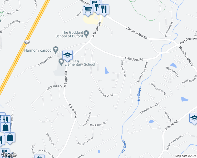 map of restaurants, bars, coffee shops, grocery stores, and more near 2552 Bogan Bridge Circle in Buford