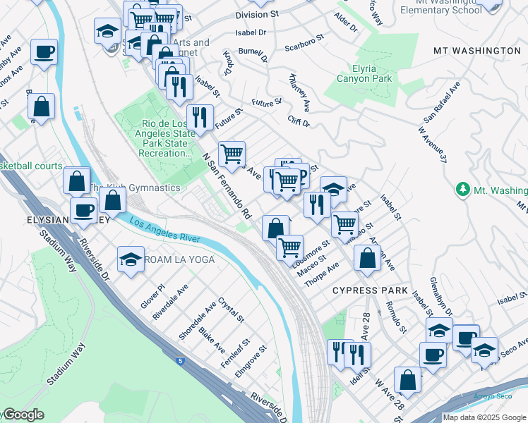 map of restaurants, bars, coffee shops, grocery stores, and more near 2625 Granada Street in Los Angeles