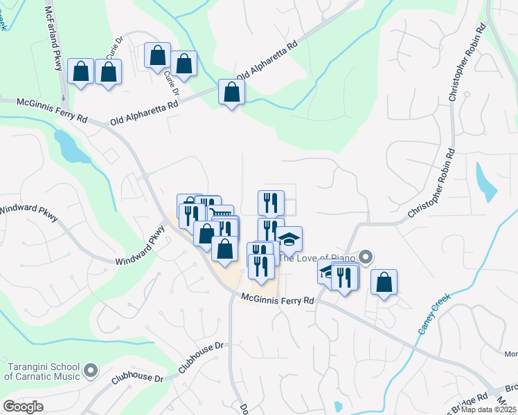 map of restaurants, bars, coffee shops, grocery stores, and more near 5315 Plymouth Place in Alpharetta