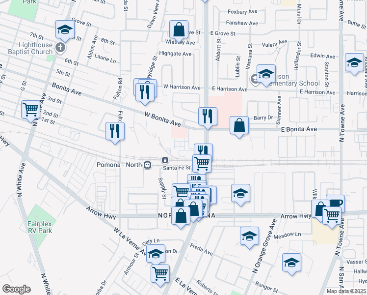 map of restaurants, bars, coffee shops, grocery stores, and more near 202 Farley Lane in Pomona