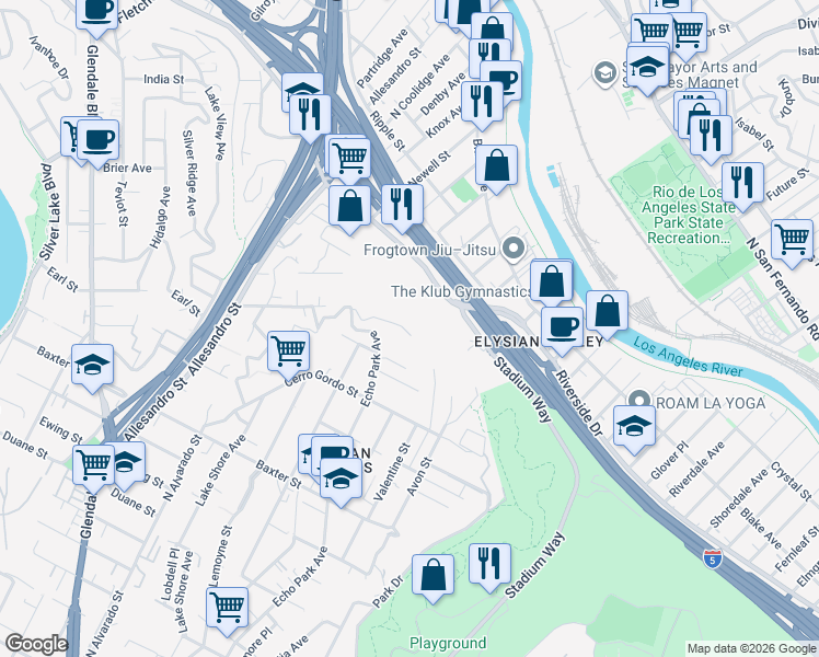 map of restaurants, bars, coffee shops, grocery stores, and more near 1599 Landa Street in Los Angeles