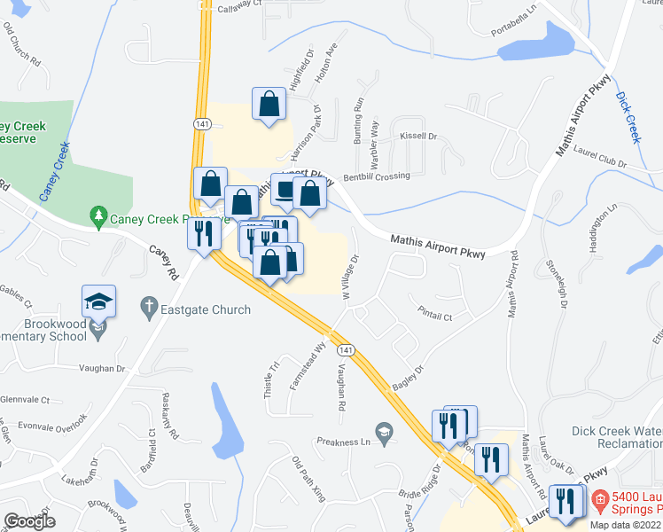 map of restaurants, bars, coffee shops, grocery stores, and more near 2635 Peachtree Parkway in Suwanee