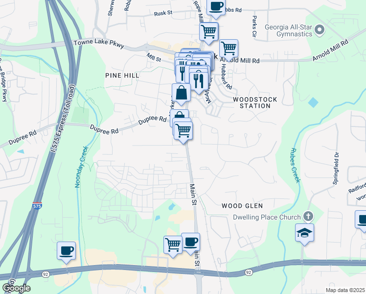 map of restaurants, bars, coffee shops, grocery stores, and more near 9010 Main Street in Woodstock