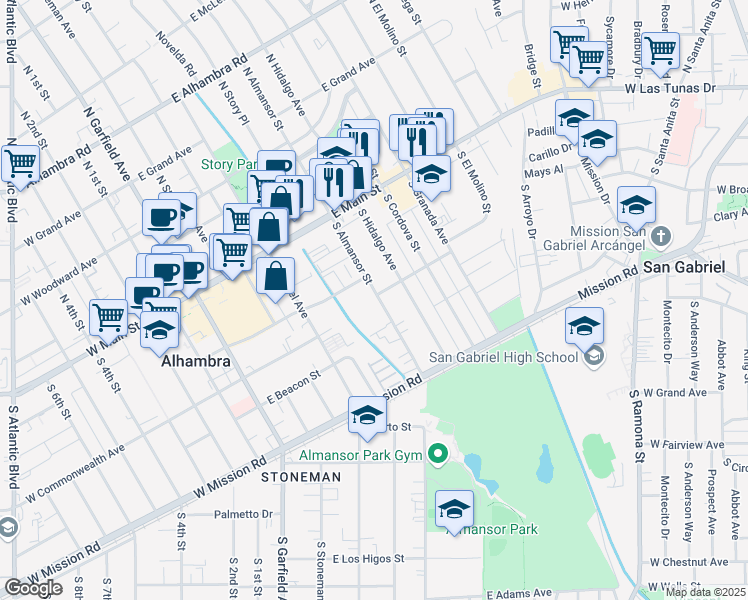 map of restaurants, bars, coffee shops, grocery stores, and more near 303 South Almansor Street in Alhambra