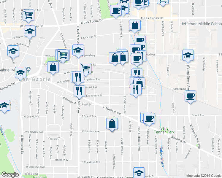 map of restaurants, bars, coffee shops, grocery stores, and more near 500 East Sunset Avenue in San Gabriel