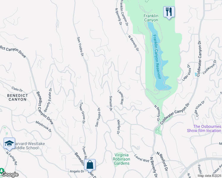map of restaurants, bars, coffee shops, grocery stores, and more near 1323 Dawnridge Drive in Beverly Hills