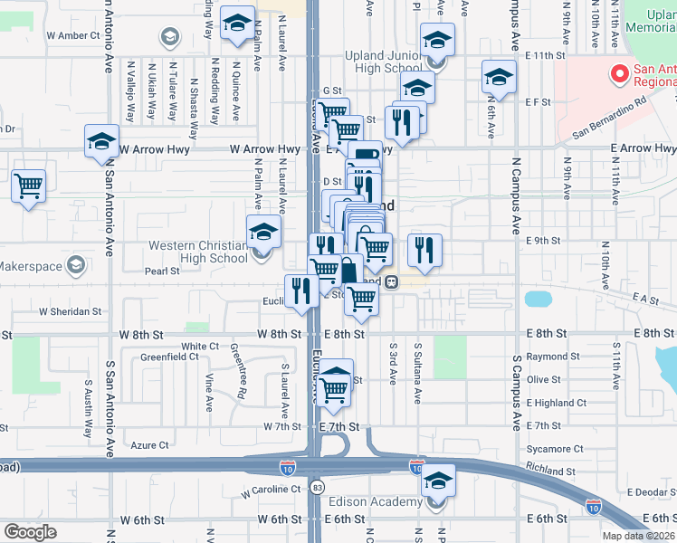 map of restaurants, bars, coffee shops, grocery stores, and more near 111 North 1st Avenue in Upland