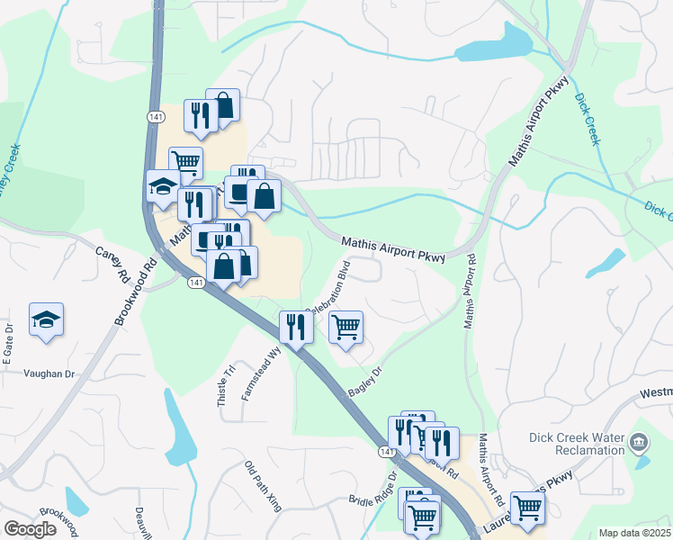 map of restaurants, bars, coffee shops, grocery stores, and more near 3000 Celebration Boulevard in Suwanee