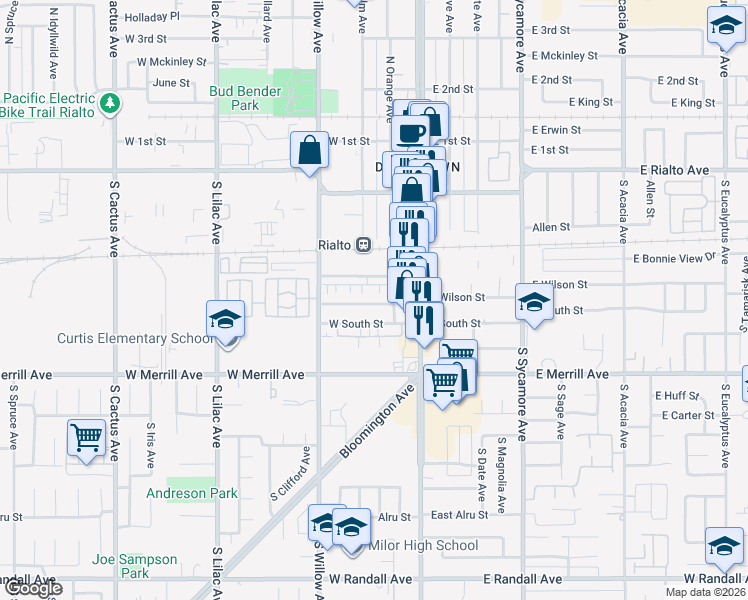 map of restaurants, bars, coffee shops, grocery stores, and more near 190 West Wilson Street in Rialto